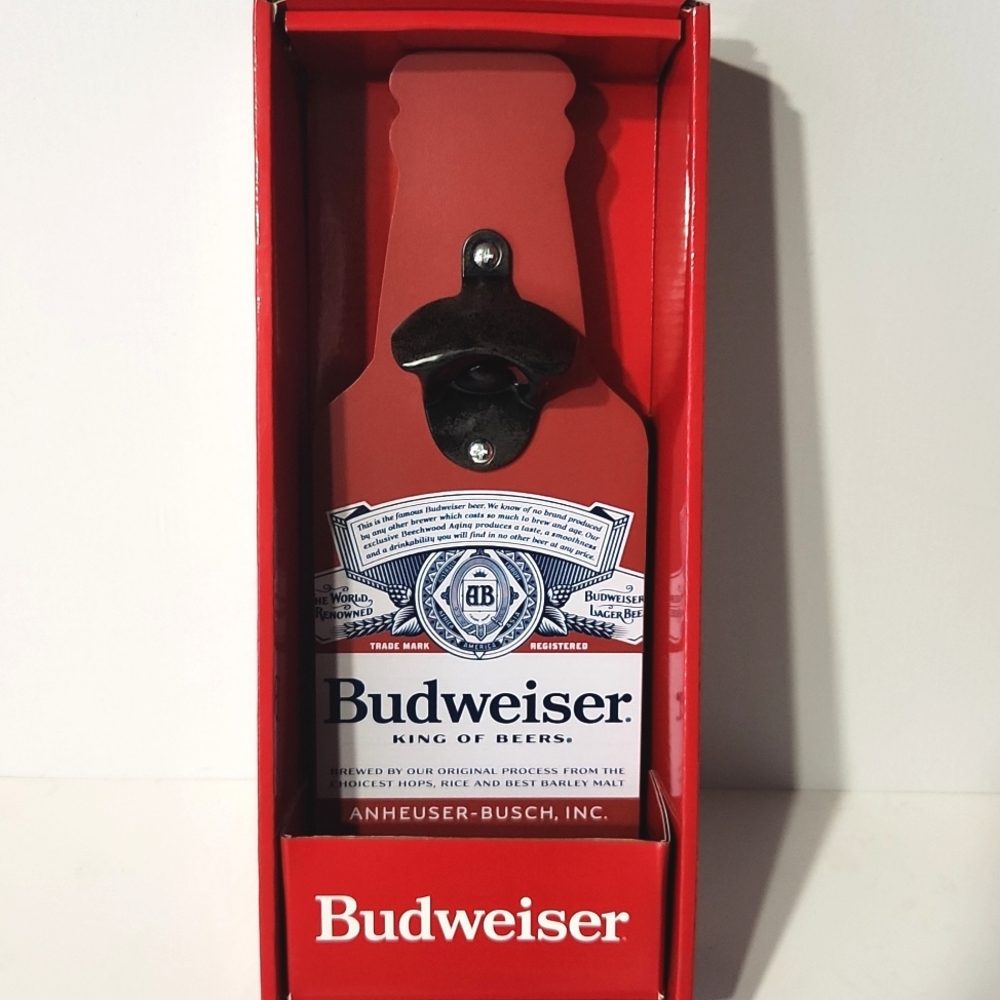 NEW Budweiser Beer Wooden Wall Mount Bottle Opener Catcher